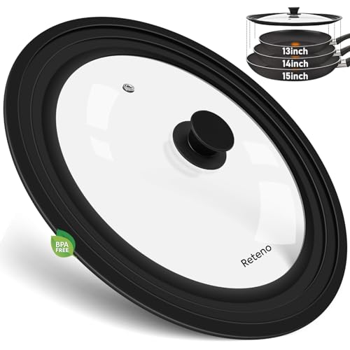 13-14-15in Universal Lid for Pots,Pans,Skillets,Large Replacement Frying Pan Cover,Big Cookware Lids,Tempered Glass with Heat Resistant Silicone Rim,Knob, BPA Free,Dishwasher Safe