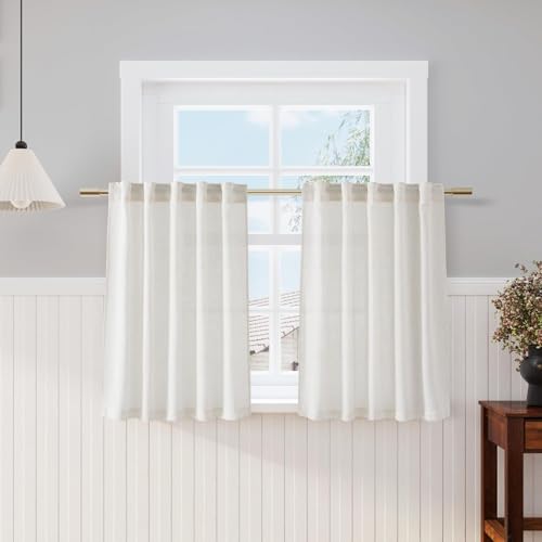 Image of Nanspring Kitchen Curtains Sets for Windows 36 Inch Length Linen Blend Cream Small Cafe Curtains Semi Sheer Farmhouse Curtain Back Tab and Rod Pocket Drapes for Basement 25 x 36 Inch, 2 Panels
