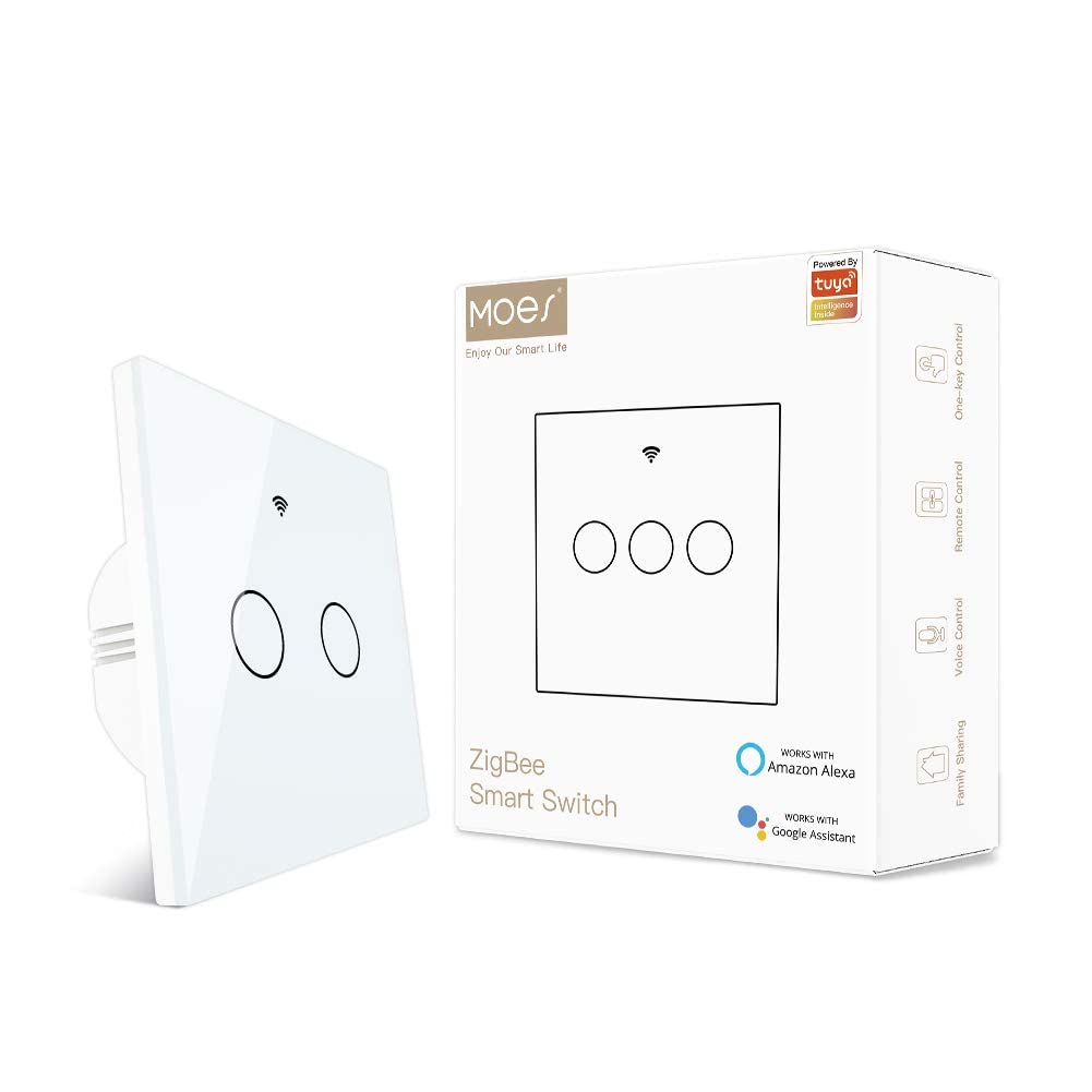 MOES Smart Switch, Requiere Tuya ZigBee Hub, No Requiere Conductor Neutro, No Hay Condensador, Compatible Con Smart Life Tuya App Alexa Google Home, 2 GANG, Blanco