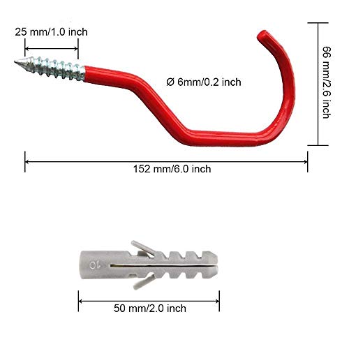 AIYoo-Bike-Hooks-Heavy-Duty-Bicycle-Storage-Hooks-Set-of-6Screw-in-Utility-Storage-Hangers-Shed-Garage-Garden-Hook-Plastic-Coated-for-Wall-MountCeiling-Red