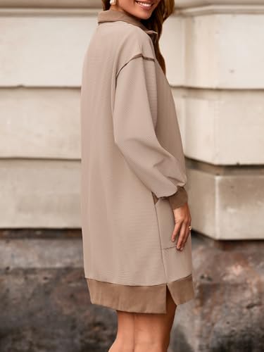 Image of Wenrine Womens Half Zip Sweatshirt Dress Fall V Neck Contrast Mini Dresses