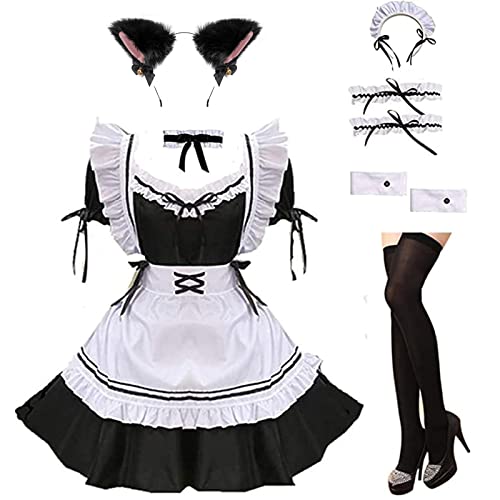maxToonrain Maid Costume Women French Dress Red Wine Sweetheart Anime Valentines Day Gifts Maid Outfit Apron Gloves Socks Set for Womens Girls(9 PCS)(Black,L)