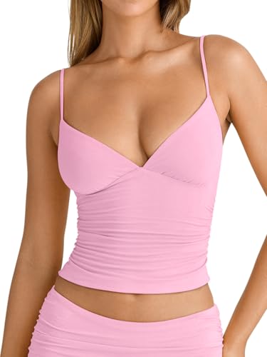 Image of PINKMSTYLE Women's Sexy V Neck Ruched Cami Top Sleeveless Spaghetti Double Layer Fitted Crop Tank Tops