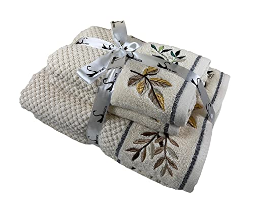 Image of SENSES By Riba Cotton Embroidered Towel Set, 550 GSM Soft & Absorbent, Antimicrobial, Oeko-Tex Certified | Ideal for Home & Gifting, Pack of 4 (2 Bath 27 inchX50 inch + 2 Hand Towels 16 inchX26 inch) - Style 2