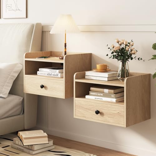 Floating Nightstand Set of 2 Modern Night Stands with Drawer and Open Shelf Cubby Small Bedside End...