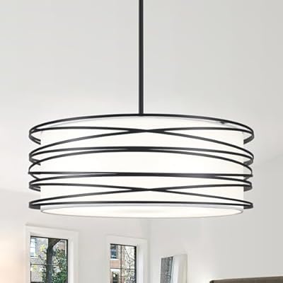 ZLNIDJIA 19.7'' 5-Light Black Drum Chandelier - Black and White Industrial Light Fixtures Modern Farmhouse Pendant Light for Kitchen Island Dining Room Hallway Kitchen Island Bedroom
