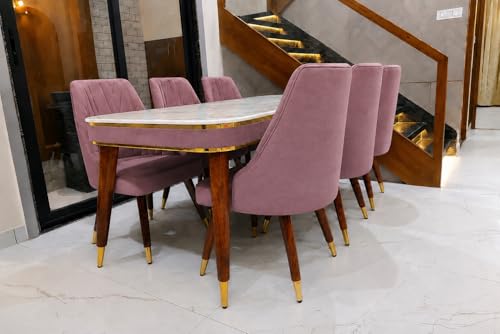 Image of WOODEN SPACE 6-Seater Wooden Dining Table Set | Nano Composite Marble Top | Solid Wood Base | Modern Dining Room Furniture with 6 Chairs (Pink Frontline)
