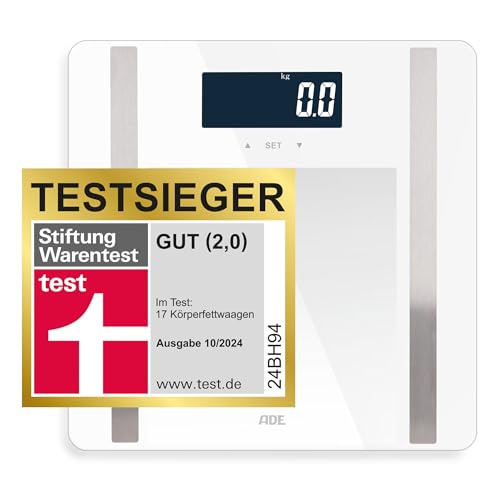 ADE Digitale Körperfettwaage Ines bis 200 kg | Testsieger 2024 | Personenwaage mit Körperfettanalyse BMI Muskelmasse Körperwasser Gewicht BMR | Körperwaage mit Benutzererkennung | weiß