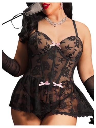 OYOANGLE Women's Plus Size Floral Lace Sheer Underwire Bodysuits Corset Lingerie One Piece Mini Babydoll