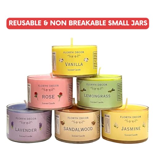 Image of Floryn Decor Small Scented Candles Gift Set for Home Decor, Non-Breakable and Reusable Jars, Fragrances - Lavender, Rose, Vanilla, Jasmine, Sandalwood, Lemongrass (12)