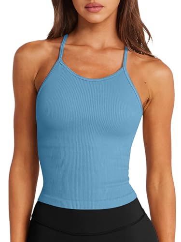 Image of LASLULU Womens Sports Bra Seamless Long Tank Spaghetti Strap Workout Bra