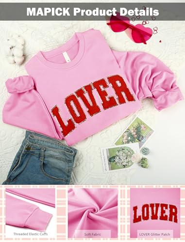 MAPICK Lover Pullover Sweatshirts Womens Letter Glitter Patch Oversized Sweaters Casual Festival Tops(Pink, Medium)