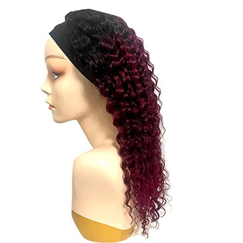 Image of XSY Headband Wig Human Hair 1B /99J Burgundy Deep Wave Headband Wig Red Colored Curly Headband Wig Glueless No Lace Front Wig Brazilian Virgin Human Hair Wigs for Black Women 150% Density 16 Inch