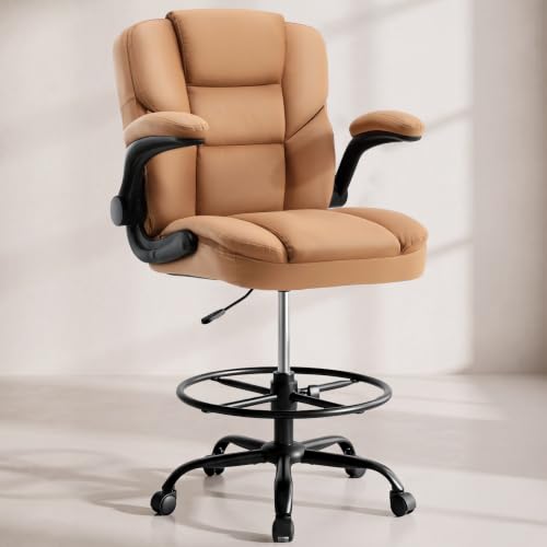 Image of Drafting Chair 500Lbs, Tall Office Chair for Standing Desk, High PU Leather Executive Office Chair with Flip-up Armrests, Ergonomic High Chair with Adjustable Foot Ring, Comfy Stool Chairs, Brown