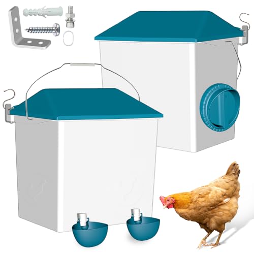 Cyrico Chicken Feeder and Waterer Set, Automatic Poultry Feeder with 2 Feeding Ports and Hanging Waterer with 2 Cups No Waste Chicken Coop Accessories for Hens Ducks Poultry, 10 Pounds/2 Gallon