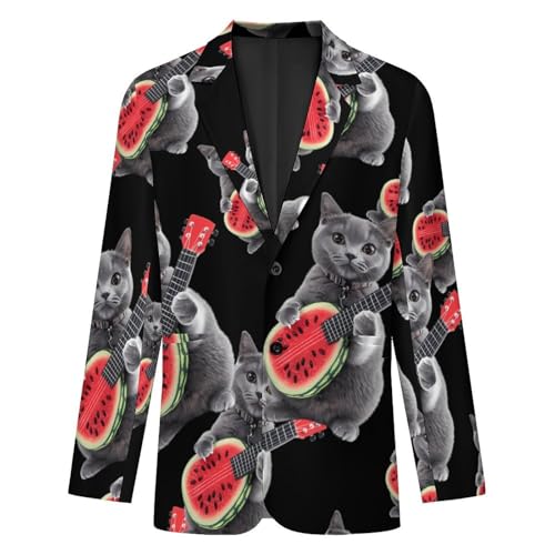 Cat Play Watermelon Guitar Casual Men's Blazers Two Button Lapel Suits Jacket Lightweight Sport Coats4