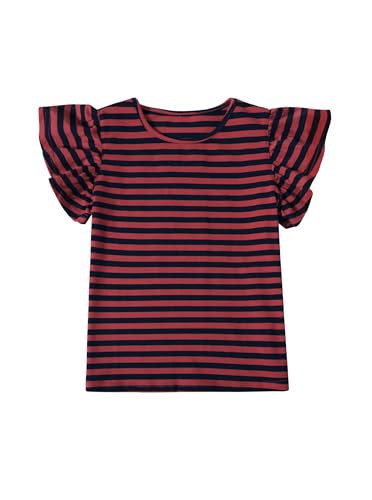 Image of Girls Striped Shirt Flutter Sleeve Top Crewneck Cute Summer T Shirts Casual Tees Red Blue 9-10 Years
