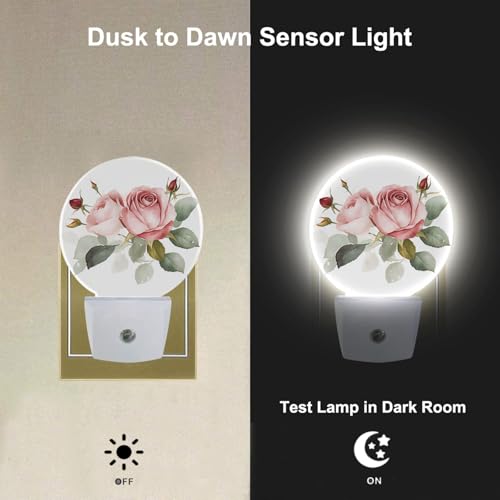 Image of Retro Rose Night Light Floral Blossom Pink Rose with Green Leaf Flower Bouquet LED Dusk to Dawn Plug-in Nightlight Auto Sensor for Bedroom Bathroom Hallway Living Room
