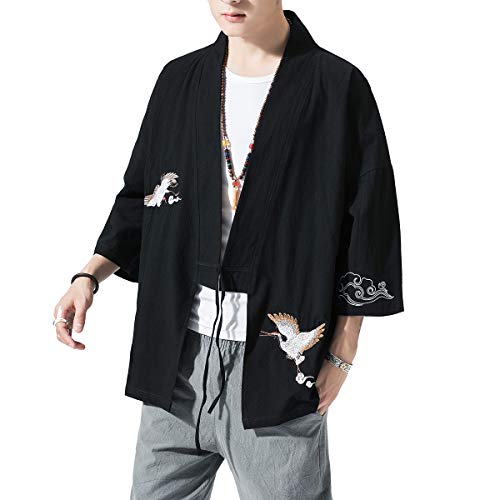 Image of PRIJOUHE Men's Kimono Jackets Cardigan Lightweight Casual Cotton Blends Linen Seven Sleeves Open Front Coat Outwear