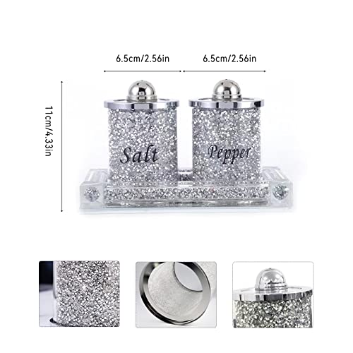 Silver Crystal Glass Salt And Pepper Shakers Set Of 3,Handmade Crystal Crushed Diamond Glass Canister Storage Filled With Tray,For Kitchen Dining Room Home #TOP1