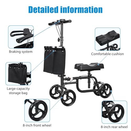 Image of Knee Scooter for Adults for Foot Surgery Crutch Alternative Adjustable All-Terrains Knee Roller Scooter with Dual Handbrakes and Canvas Bag for Broken Foot, Ankle Injury, Surgery