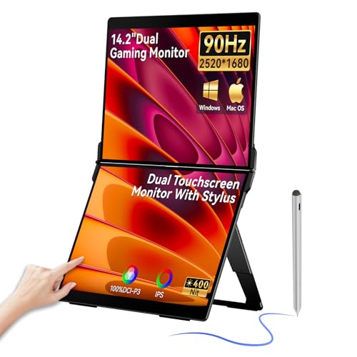 Image of EHOMEWEI X2 Air Touchscreen Portable Dual Monitor 2.8K 90Hz QLED with Stylus Pen 14.2 inch*2 IPS 2520 * 1680 Display, 400 Nit Brightness 1500:1, 100% sRGB, for Office /Home /Travel Laptop Extender Screen