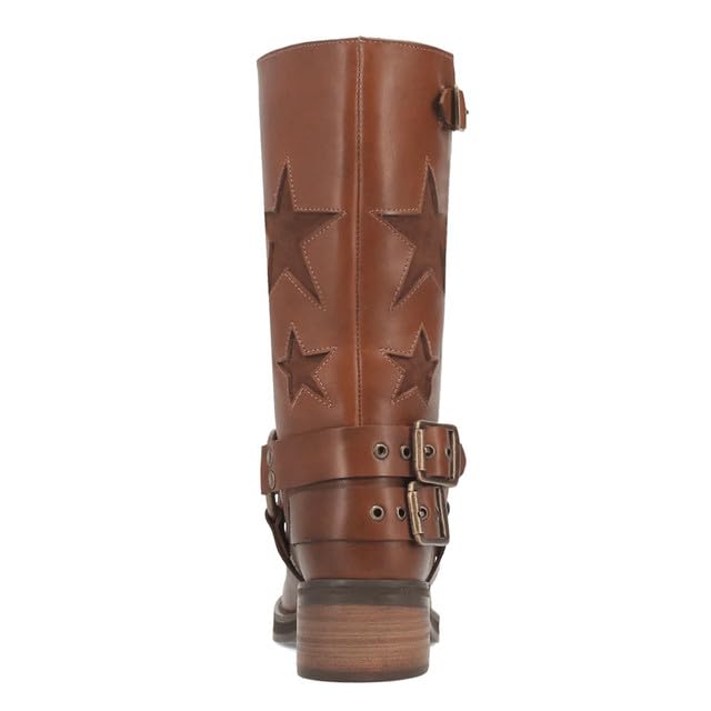 Image of KISTANIA Women's Knee High Riding Boots Square Toe Chunky Heel Fashion Buckle Belts Cowboy Cowgirl Moto Boots with Stars
