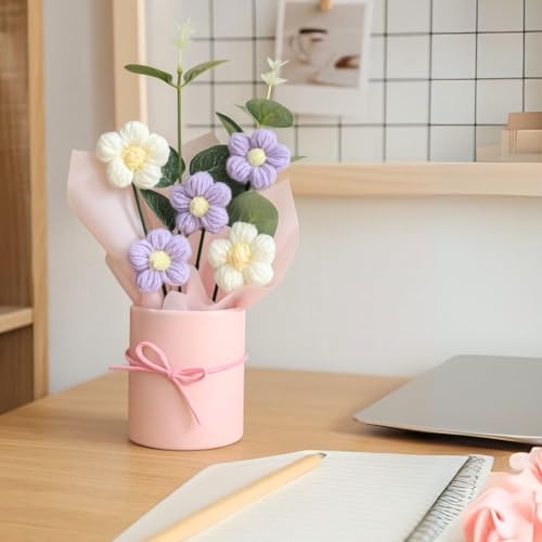 Image of Artificial Crochet Flower Bouquet Handmade Cotton Flowers Bunch for Home Decor, Gift for Girls, Wedding, Festival Decoration, Long Lasting Floral Arrangement (Flower Pot (Purple))