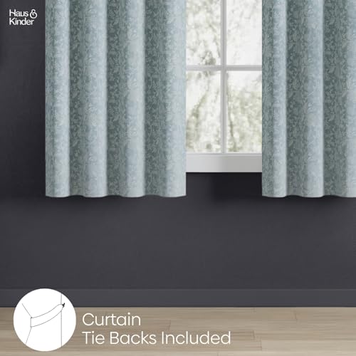 Image of haus & kinder Jacquard Window Curtains 5 Feet Long Pack of 2 Window Curtains, 5 Feet Curtains for Window (Glittering Fern, Aqua Floral Nature Design 130x152 CM)