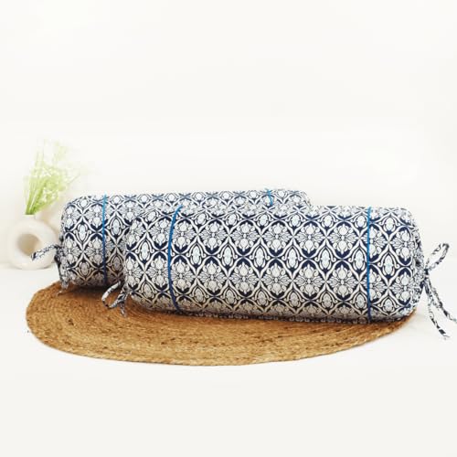 Image of AURAVE Cotton 144 TC Printed Bolster Cover with Drawstring Closure, Set of 2, Soft Breathable Durable Machine Washable for Sofa Bed & Home Decor, 15 inchx30 inch, Blue | Cover Only