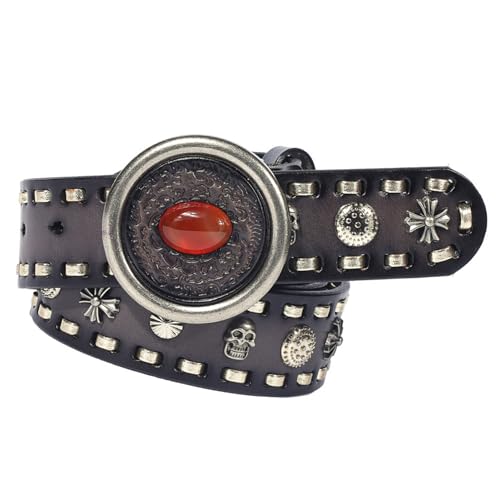 Ceinture en cuir cloutée d'agate rouge et boucle sculptée haut de gamme