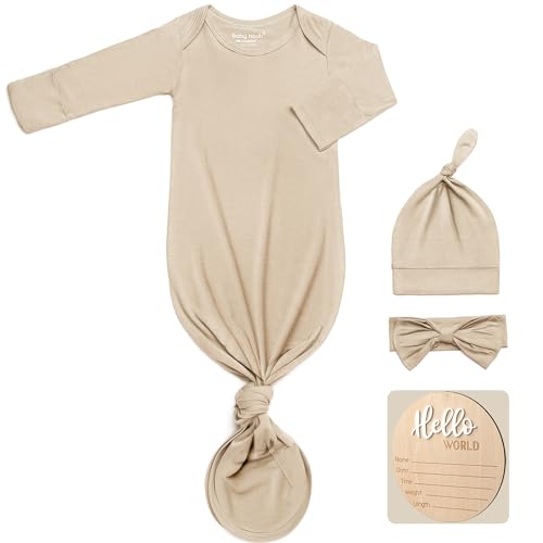 Image of Hello World Newborn Outfit Knotted Gown 0-3 Months, Baby Girl Boy Coming Home Sleeper with Sign