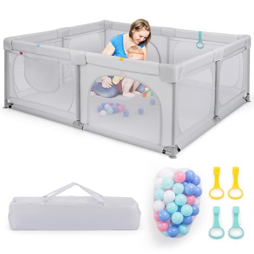 RELAX4LIFE Box Bambini 190 x 160 cm cm con 50 Palline e Borsa per il Trasporto, 4 Anelli, all'Interno e all'Esterno (GRIGIO)