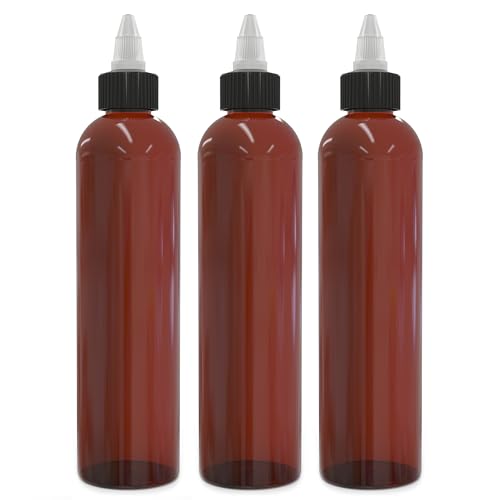 BRIGHTFROM Twist Top Applicator Bottles 8 OZ, Squeeze Empty Plastic Bottles, Black Nozzle, BPA-Free, PET, Refillable, Open/Close Nozzle - Multi Purpose (Amber) Pack of 3