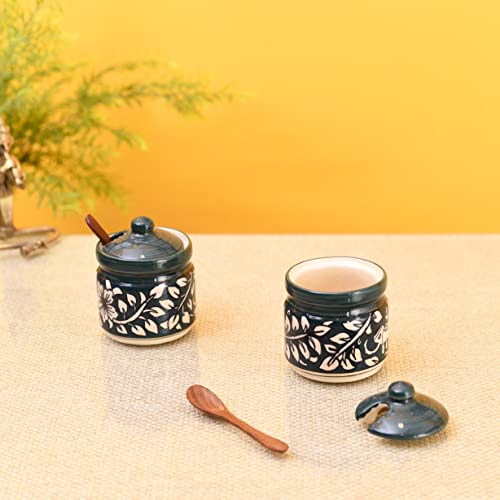 Image of AAKRITI ART CREATIONS Jungle Elephants Pickle Barni Set of 2 with Spoon | Ceramic Achar ki Barni & Mukhwas Box | Handcrafted Madhubani Storage Jar for Spice, Pickle & Chatni
