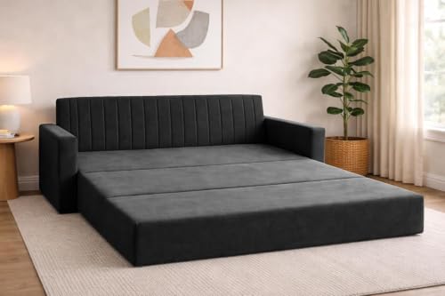 Image of Deco Studio-Sofa-Cum-Bed | Three Seater Couch with Armrest Sofa | Modern Velvet Fabric Sofa for Living Room, Bedroom & Office Black