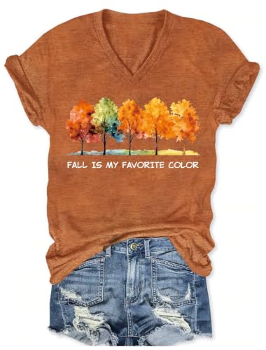Women Fall Halloween V Neck Shirt Thanksgiving Casual Tees Pumpkin Tops Short Sleeve Autumn Tshirts (Brown7, Medium)