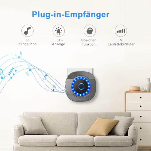 SURFOU Funk Klingel Set, Kabellos, 300m Reichweite, Wasserdicht, Plug-in Empfänger, LED-Blinken, 5 Lautstärkestufen, 55 