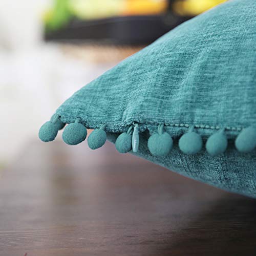 Calitime Pillow Cases Pack Of 2 Cozy Solid Dyed Soft Chenille Cushion Covers With Pom Poms For Couch Sofa Home Decoration 12 X 20 Inches Teal #TOP4
