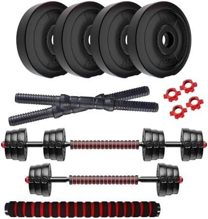 Amazon Brand - Symactive PVC 10 Kg 3-in-1 Convertible Dumbbells Set | for Fitness & Workout | 2.5 Kg x 4 PVC Weight, 14'' Dumbbell Rods Pair & Nuts, 1 Cushioned Connector Rod | Multicolor