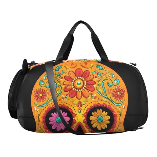 Kids Sports Duffel Bag for Boys & Girls - Sugar Skull Flower Mexican 100% Polyester Gym Bag with Separate Shoe Compartment, Adjustable Shoulder Strap, Compact Travel & Workout Gear Bag2