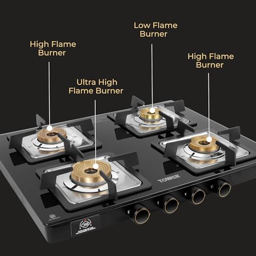 Image of Tower Gas Stove 4 Burner Glass Brass Valves Lpg Black