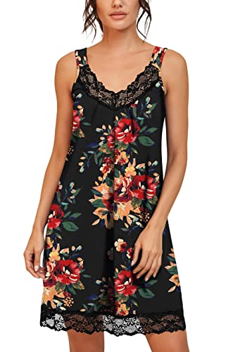 Image of PrinStory Womens Nightgown Full Slips Lace Nightdress Loose Chemise Sleepwear V-Neck Cotton Jersey Nighties (FP Brown Black, M)