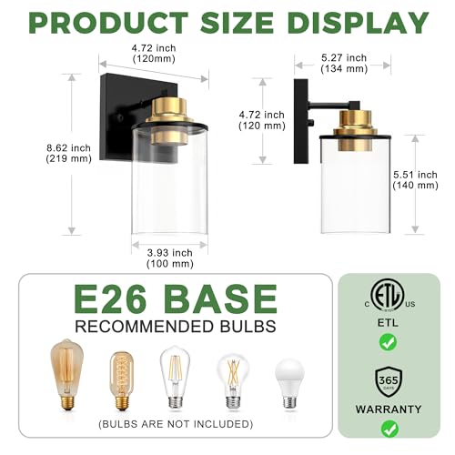 Image of DORESshop Wall Sconces Set of 2 Bathroom Vanity Light Fixtures, Black&Gold