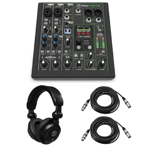 Mackie ProFX6v3+ 6-Channel Bluetooth Analog Mixer with Enhanced FX, Bundle with TAPH100 Headphones and 2x 25' 3-Pin XLR Microphone Cable