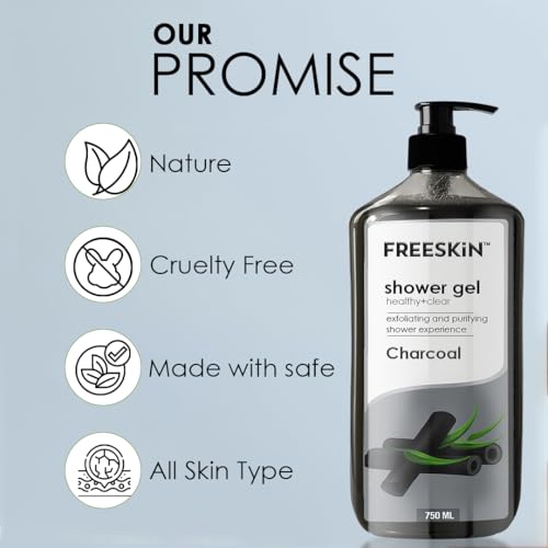 Image of Freeskin Charcoal Shower Gel-750ml Healthy + Clear - Deep Detoxifying Body Wash with Activated Charcoal for Clear, Healthy Skin - Removes Impurities, Controls Oil, and Refreshes - Suitable for All Skin Types - Paraben & Sulfate Free