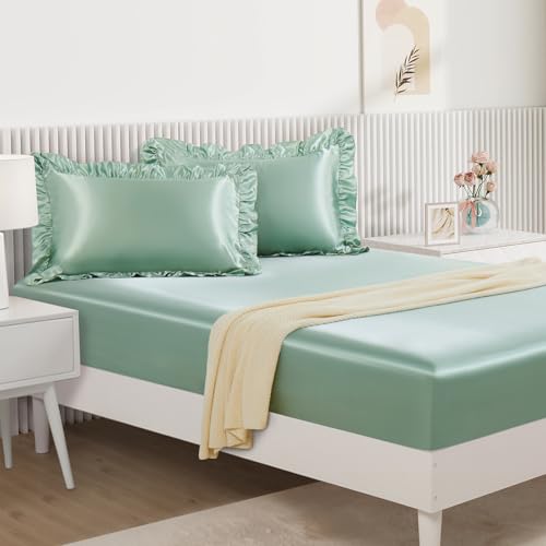 Image of Homiest Sage Green Twin Ruffle Pillowcase & Satin Fitted Sheet Set 2Pcs | Silky Satin Protects Hair And Skin, 15-Inch Deep Pocket, Pearlescent Earthy Natural Calm, Easy Machine Wash Care