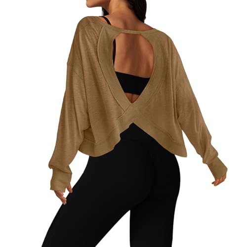 Image of UNIANKIYA Open Back Workout Tops for Women Long Sleeve Cropped Athletic Clothes Gym Running Yoga Low Impact Sports T Shirts