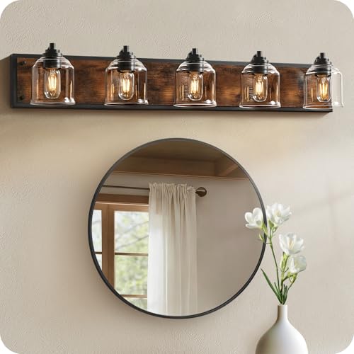 Image of 5-Light Bathroom Fixture, 39.8 inch Large Farmhouse Vanity Light, E26 Base (Bulbs Not Included), Thickened Glass Shade, for Bathroom, Bedroom, Vanity, Hallway, Rustic Brown and Black F21BD05