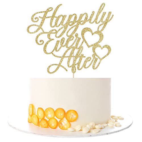 Kaoenla Happily Ever After Cake Topper-Gold Glitter Cake Topper for Wedding,Engagement,Bridal Shower, Vow Renewal,Anniversary Party Decoration Supplies (Golden Love)
